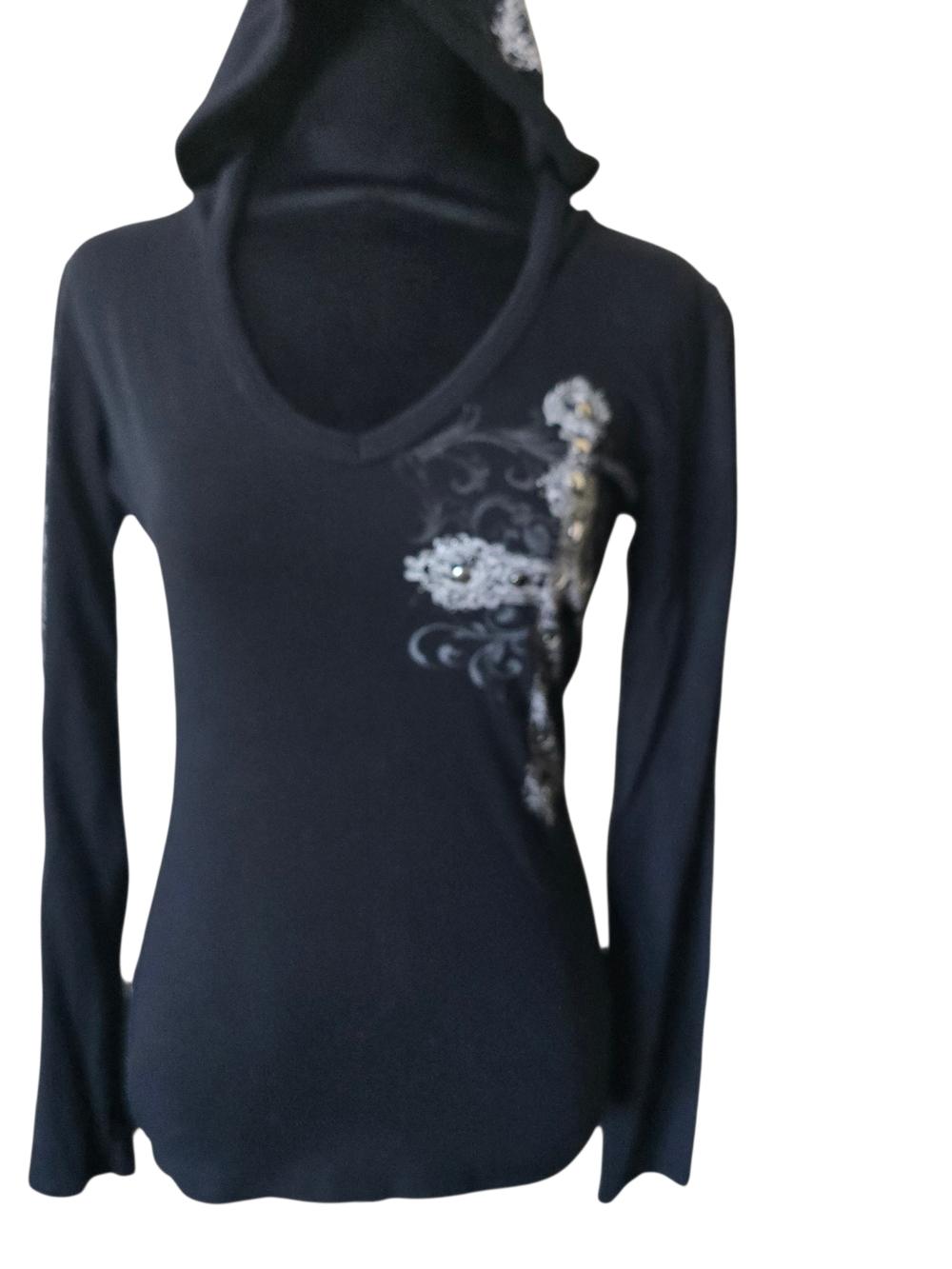 Women's Black Long Sleeve Hooded Tee with Metallic Floral Accent